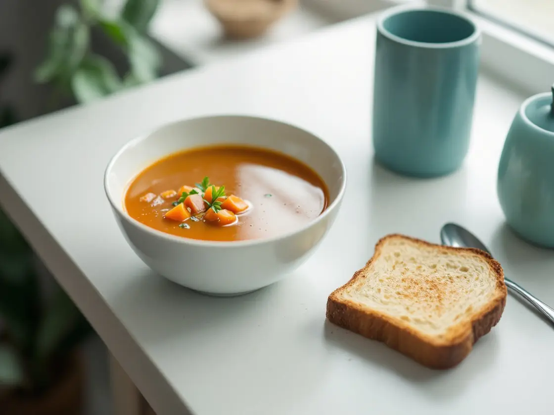 A bowl of soup and a slice of toast on a kitchen table