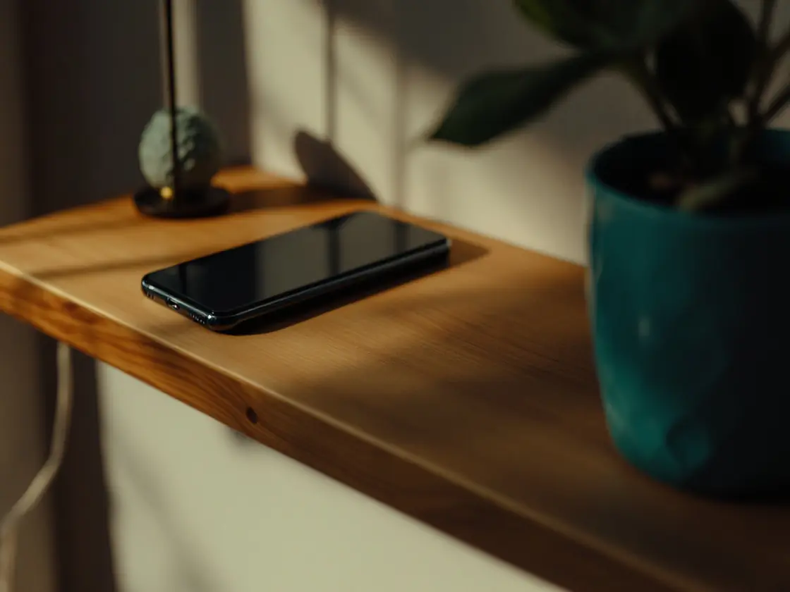 A phone lying face down on a wooden shelf in a dim room