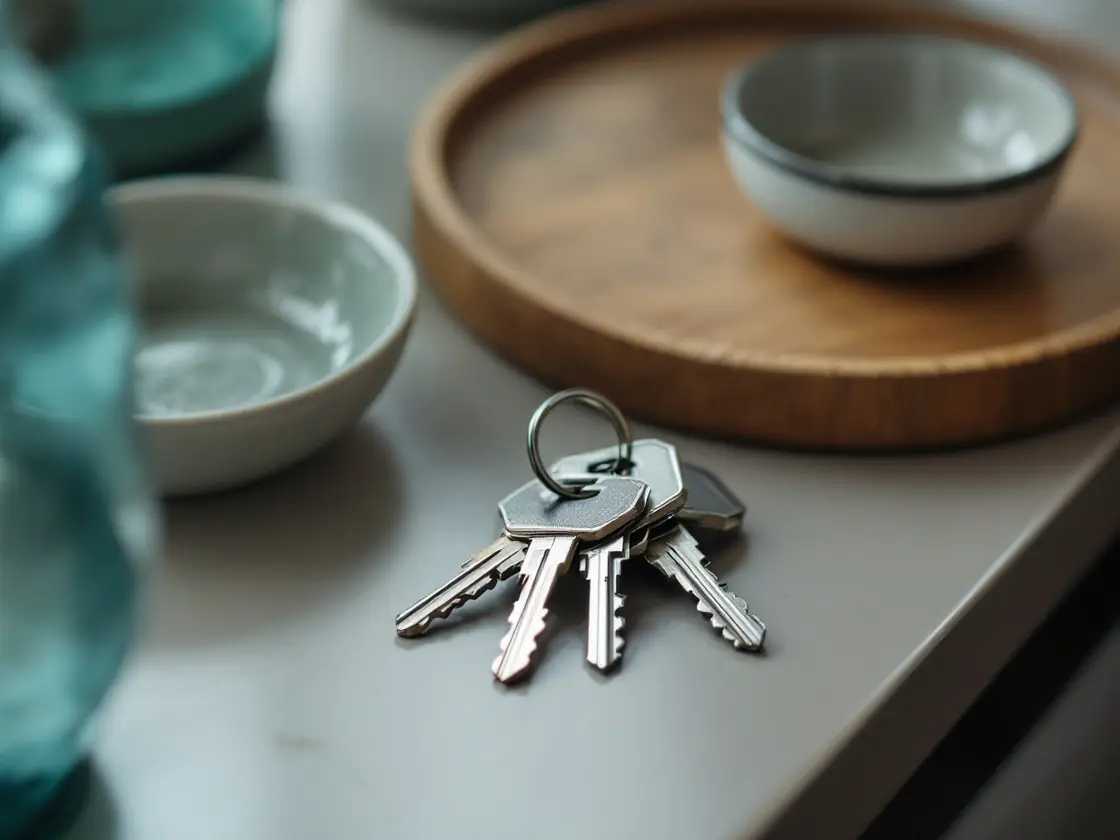 A set of house keys on a hallway table beside a small dish