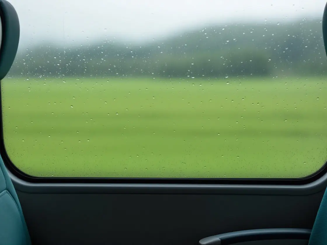 A rain-streaked train window looking out onto blurred green fields