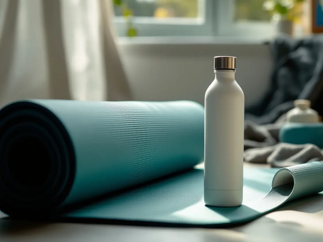 A rolled yoga mat and a water bottle on a sunlit floor