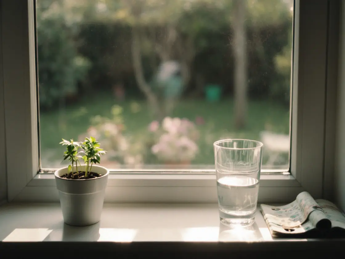A sunny windowsill with a potted herb and a glass of water