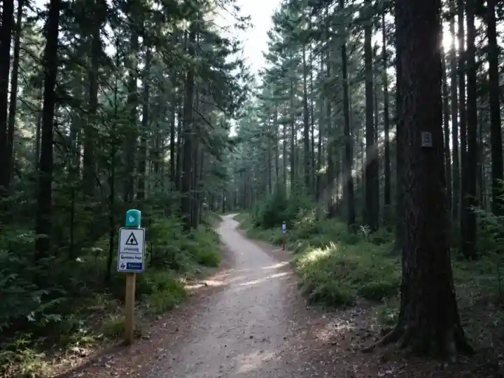 An empty forest trail with sunlight falling between tall pine trunks