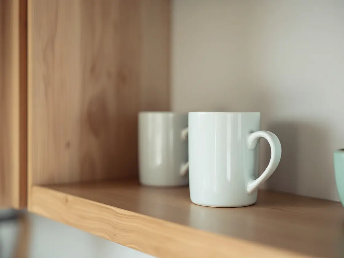 Two coffee mugs on a kitchen shelf, one pushed to the back