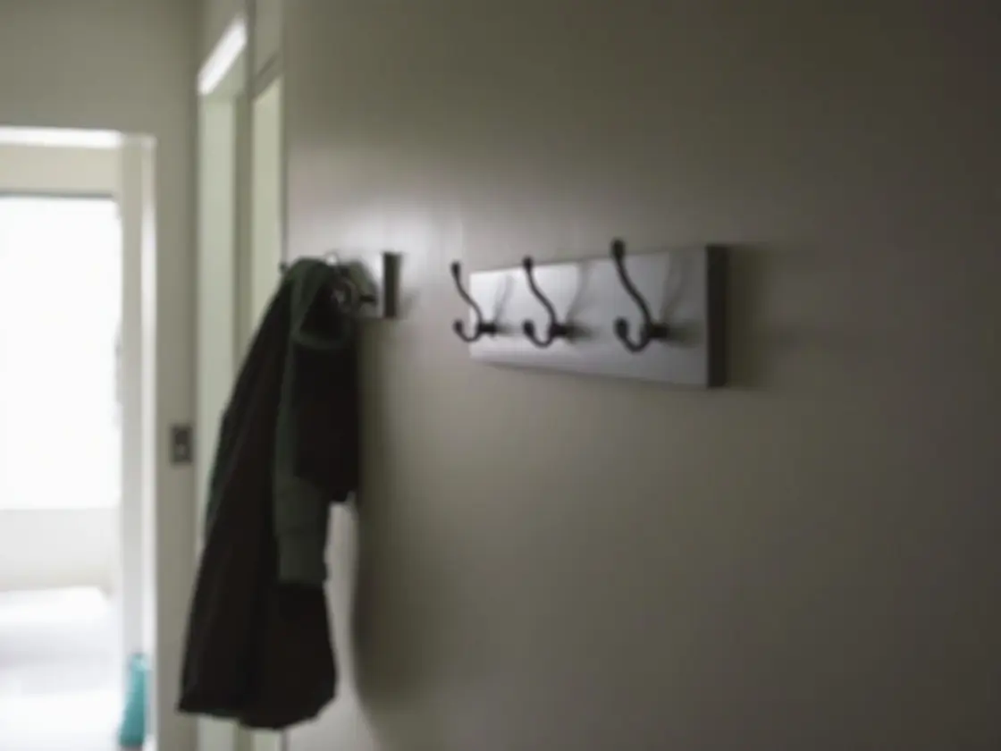 A hallway with one coat on a row of empty hooks