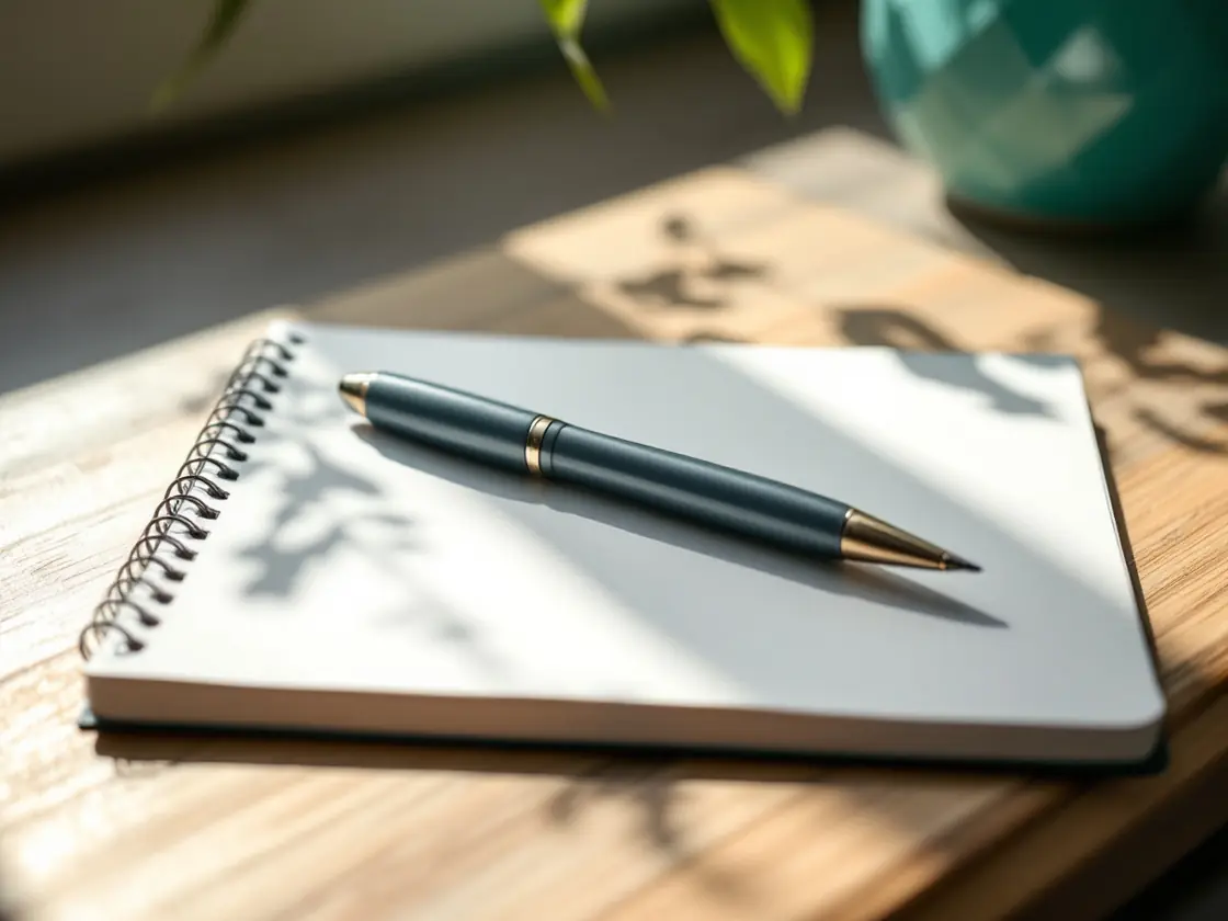 A notebook and a pen on a wooden desk in morning light