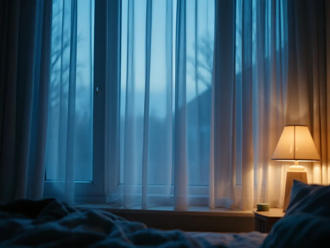 A bedroom window at dusk with a lit bedside lamp