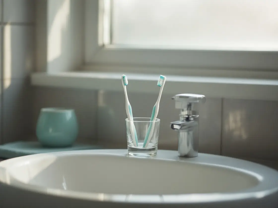 Two toothbrushes in a glass on a bathroom sink