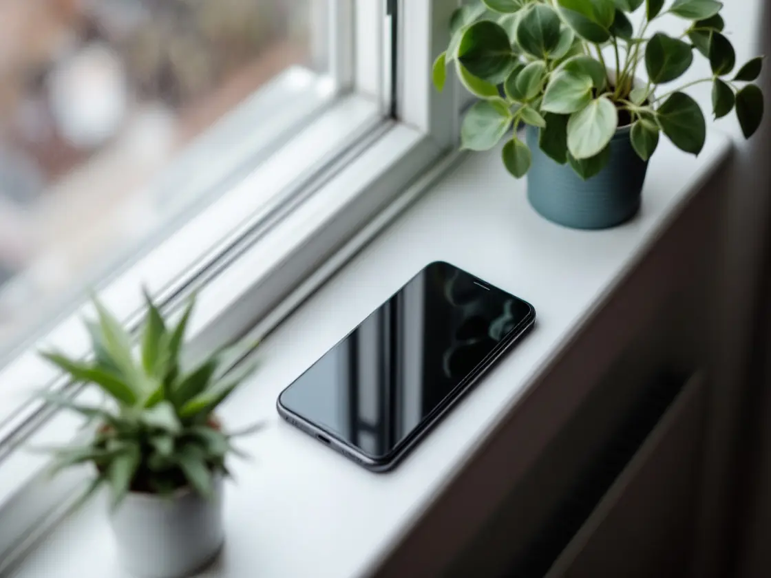 A phone face down on a windowsill beside a houseplant