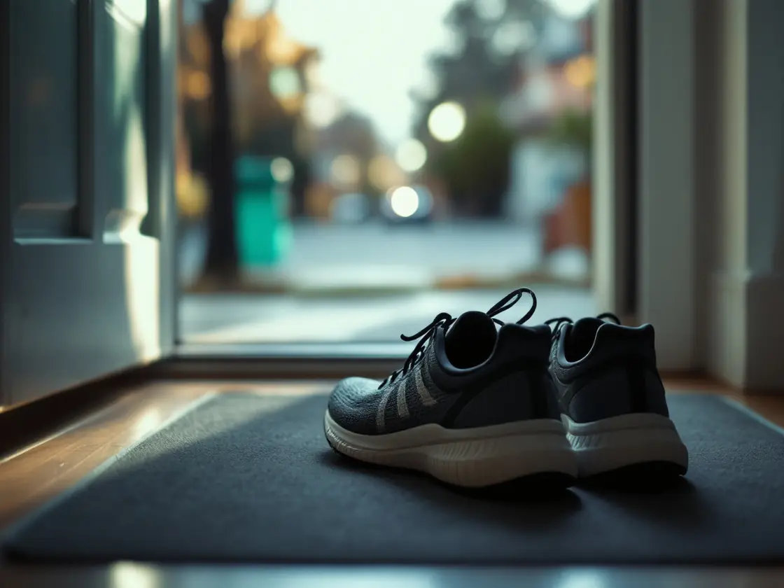 Running shoes by an open front door in early light