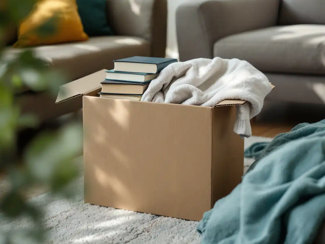 A half packed cardboard box with books on a living room floor