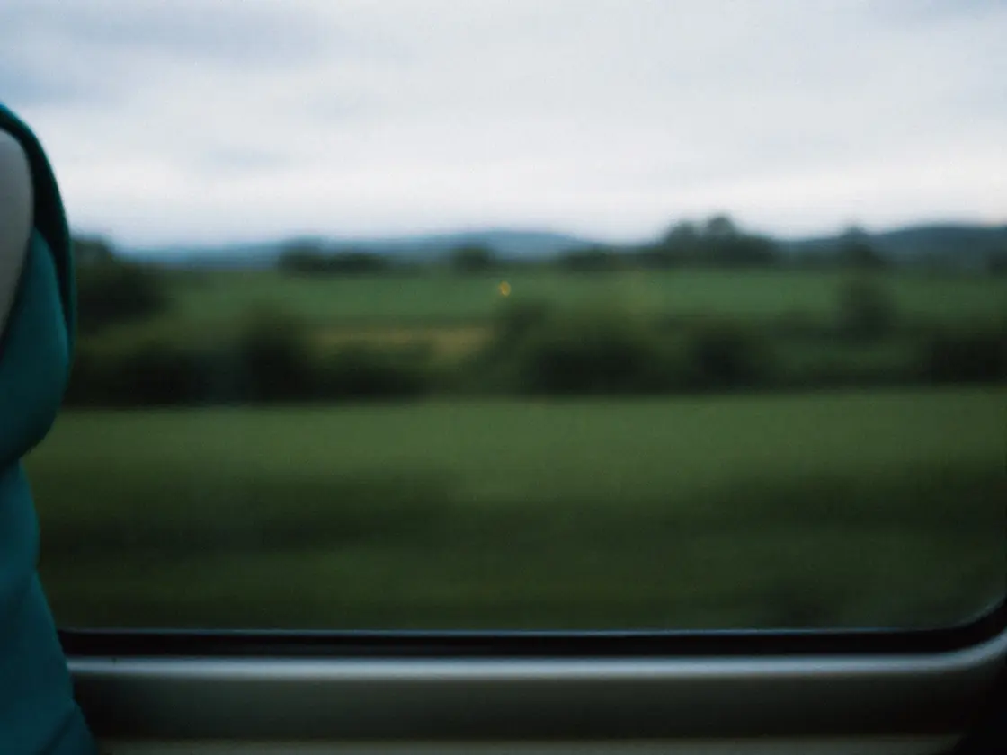 Blurred fields at dusk seen through a train window