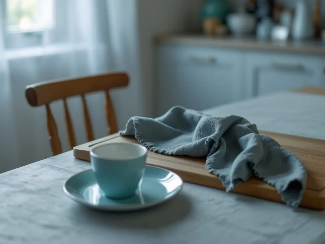 A kitchen table at dawn set with one plate and one cup