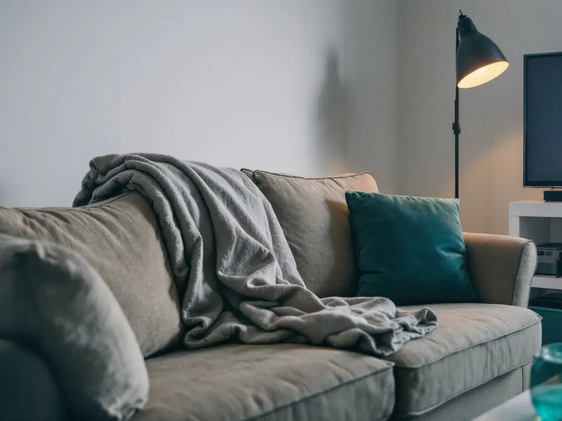 A small sofa with a folded blanket under a floor lamp