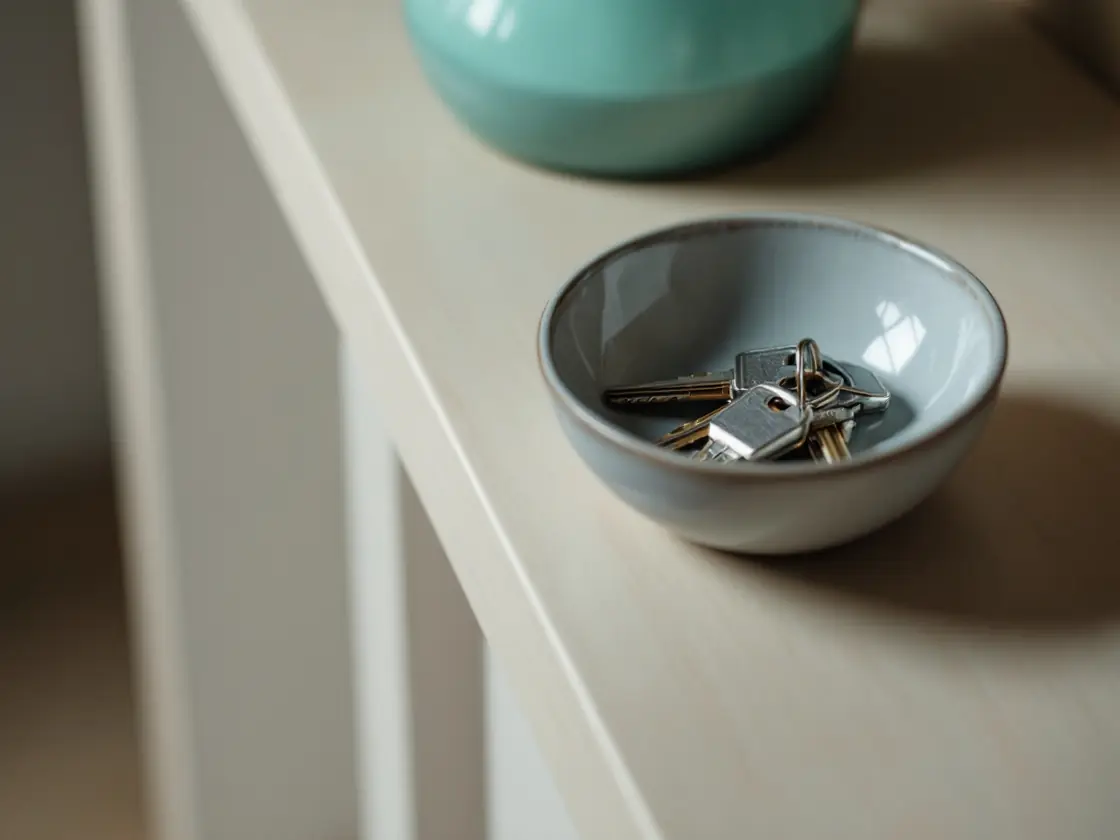 A single set of keys in a bowl on an entry table