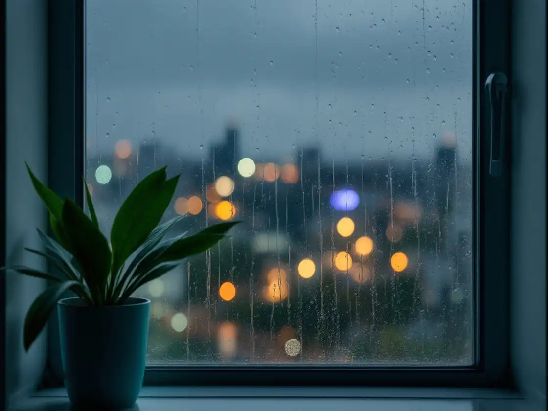 A rain-streaked window in the evening with soft city lights beyond