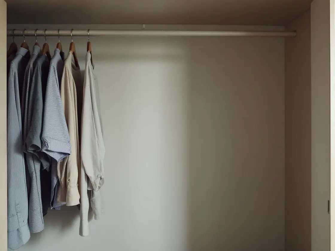 An open wardrobe with half of the hanging rail empty