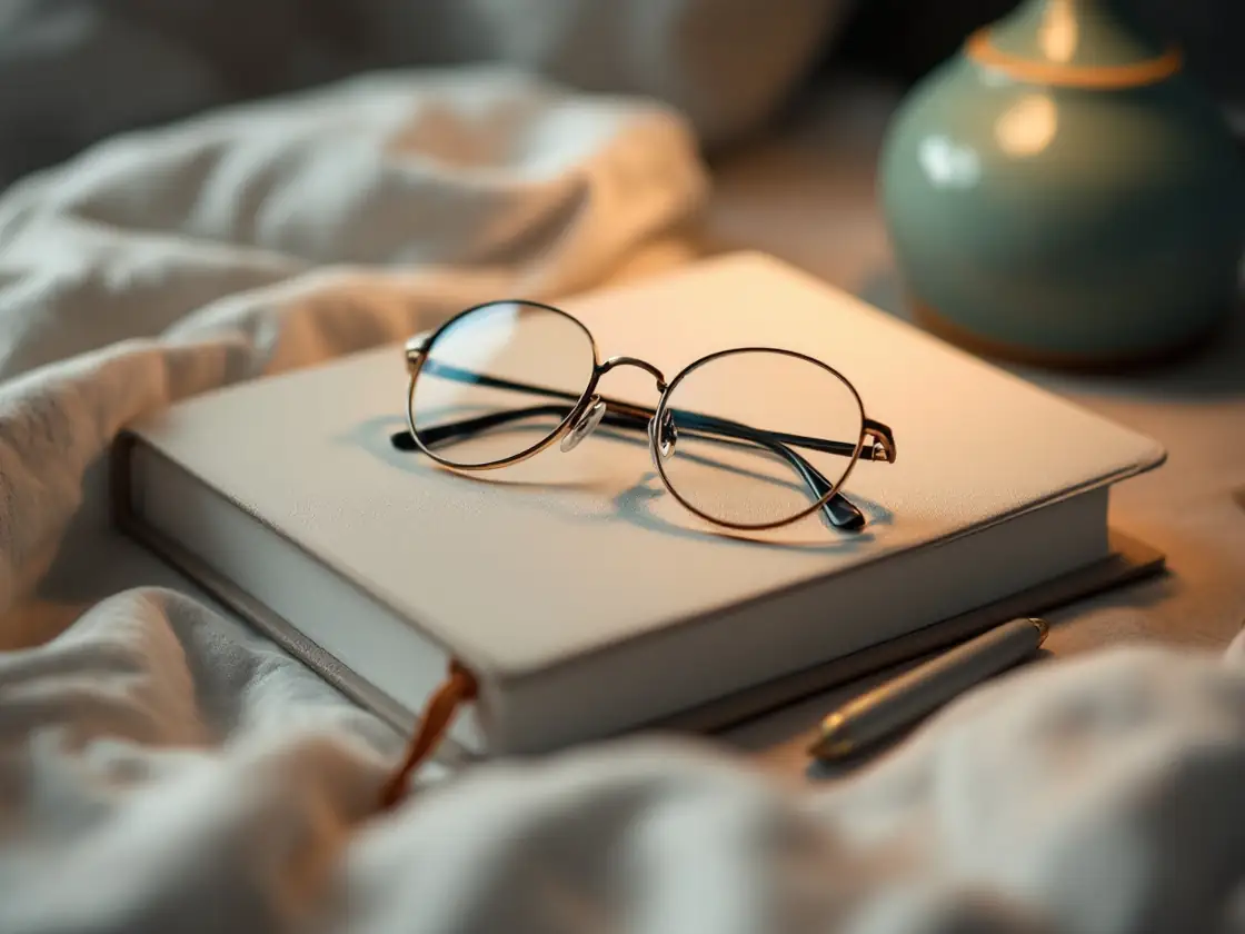 Reading glasses on a closed plain notebook beside a lamp