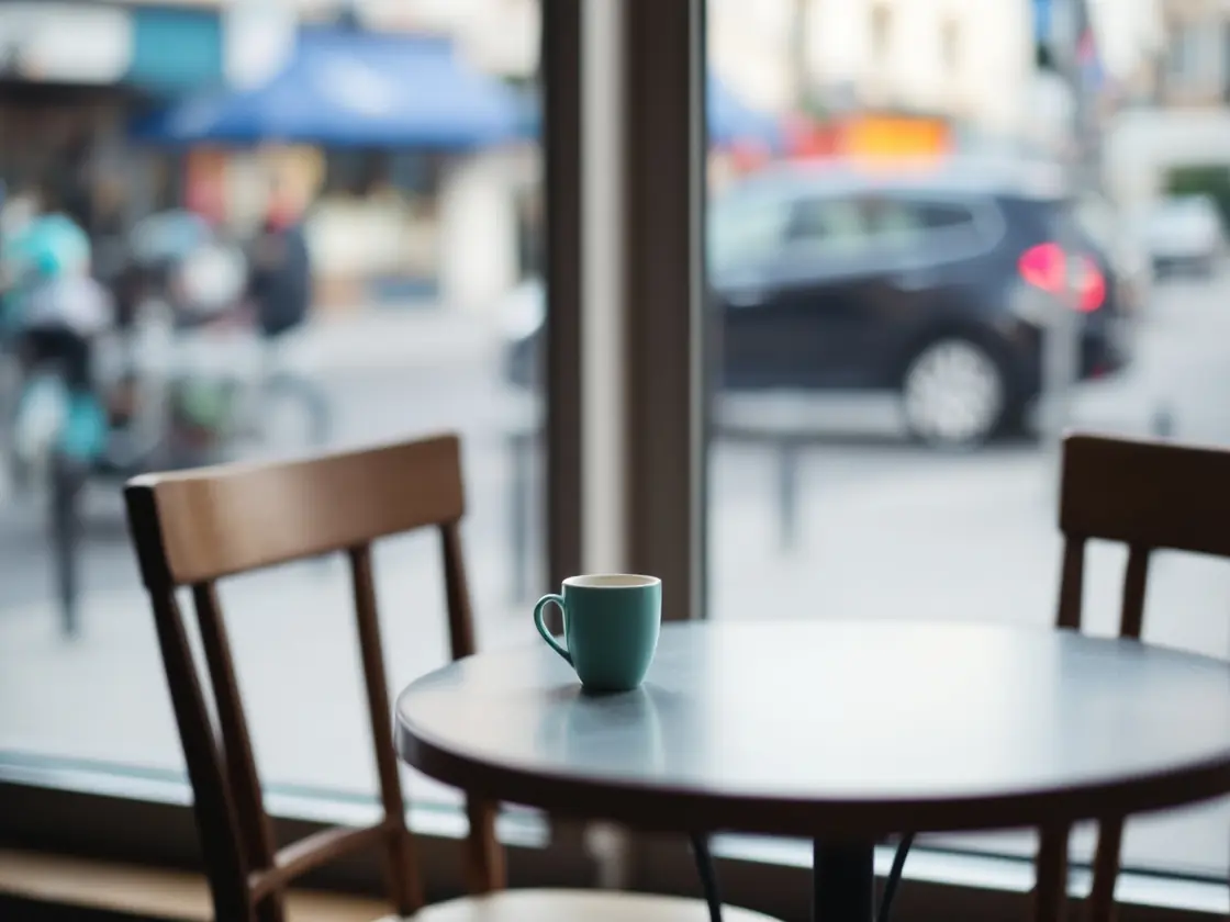 An empty cafe table by a window with two chairs