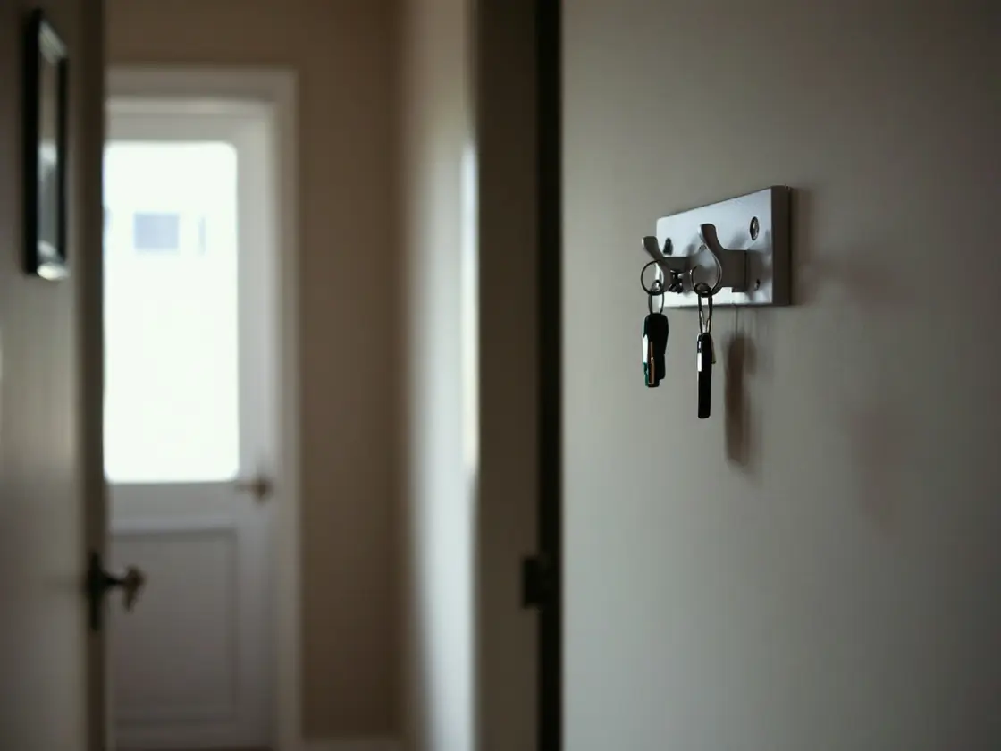 An empty hallway with a coat hook and one set of keys