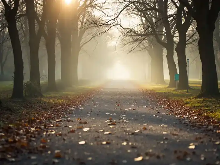A park path covered in fallen leaves under bare morning trees