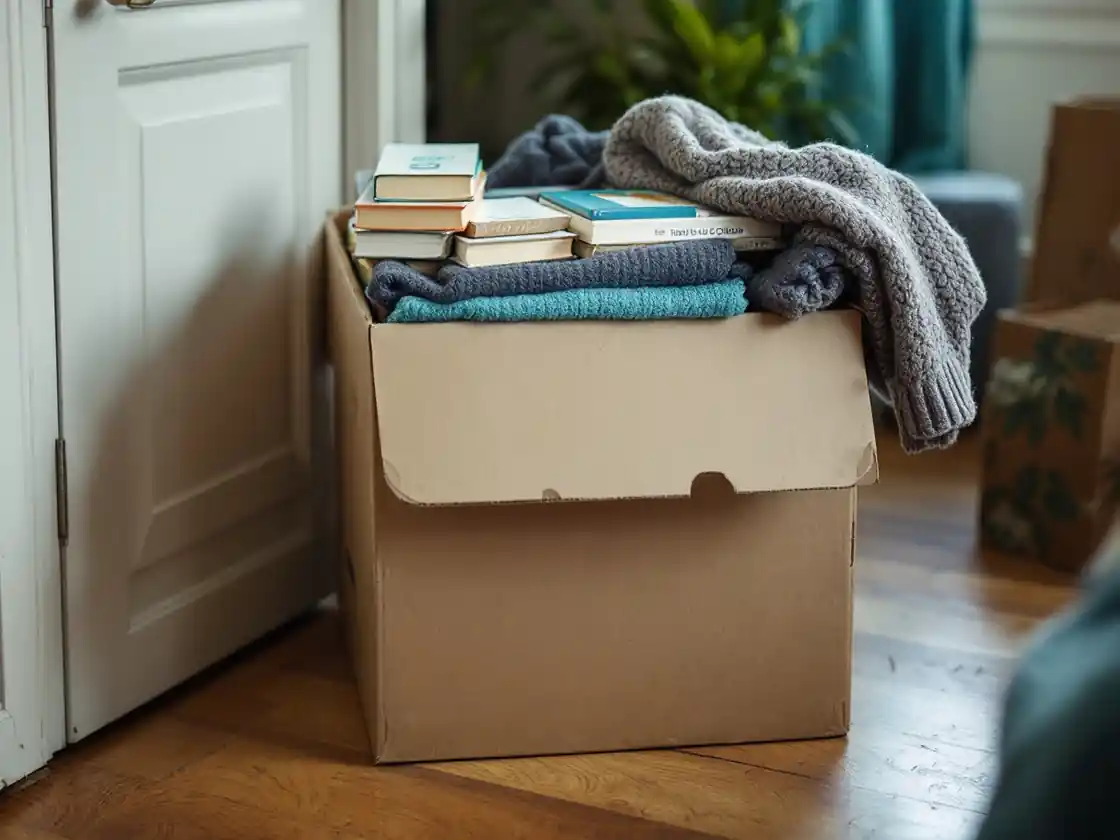 A cardboard box of books and a folded sweater by a door