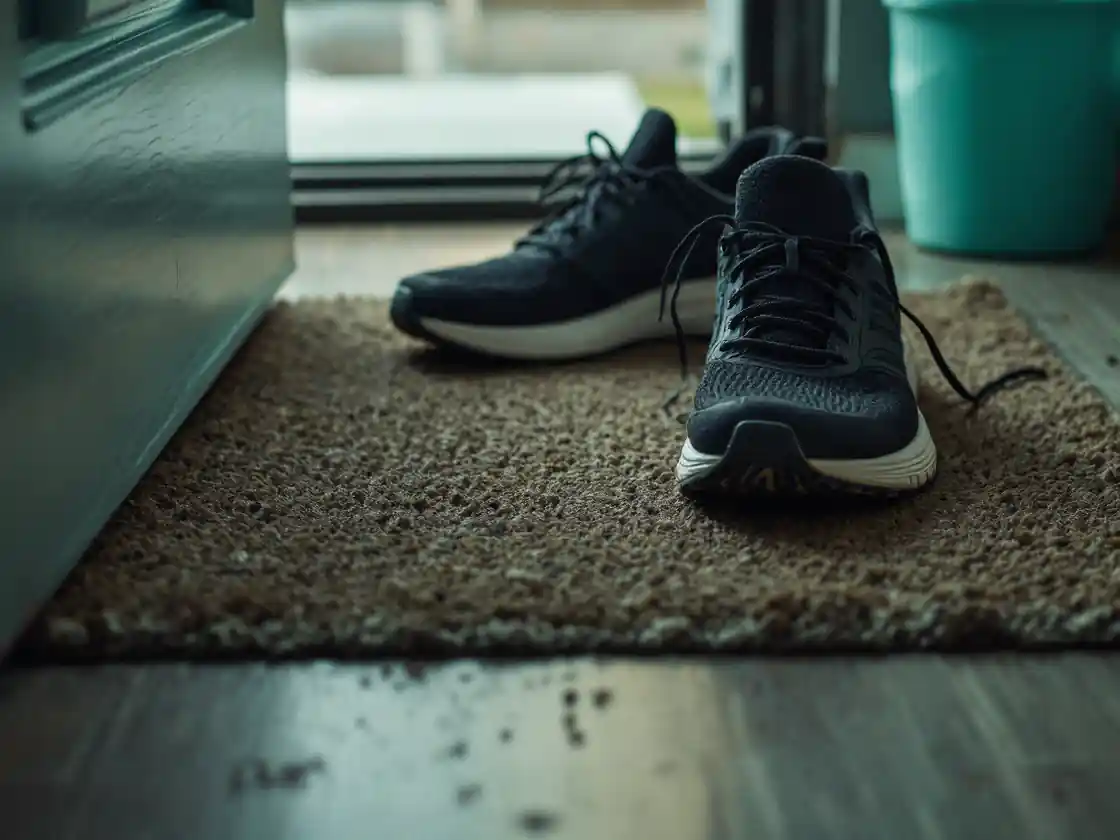 Running shoes on a doormat beside an open front door at dawn