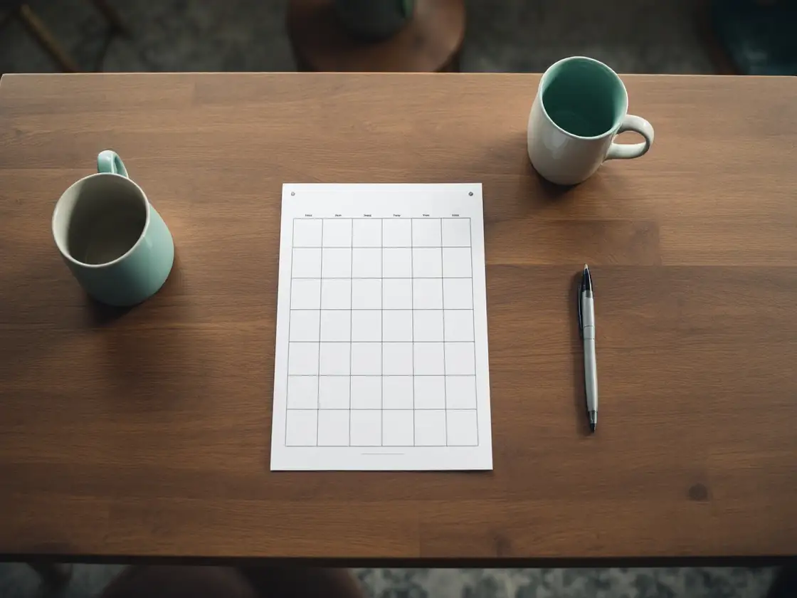 A kitchen table with a paper calendar, a pen and a mug