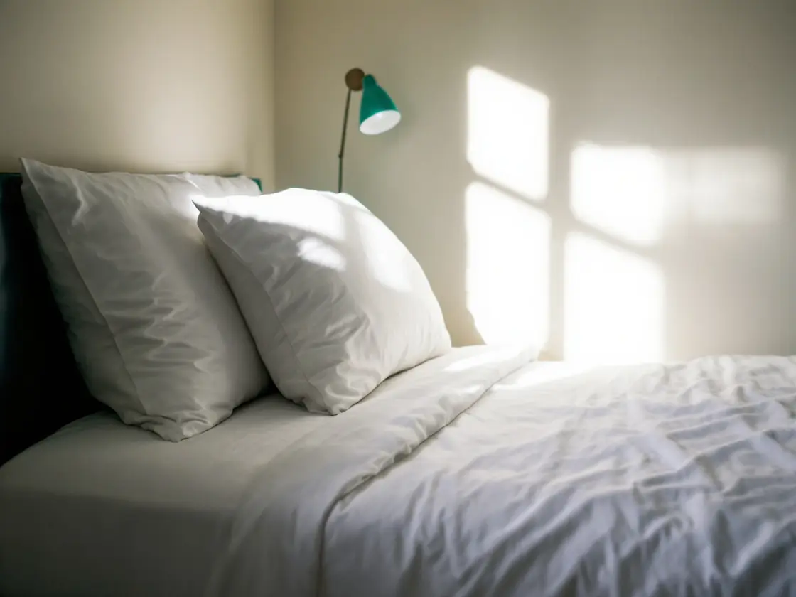 A made bed with white sheets and morning light on the wall
