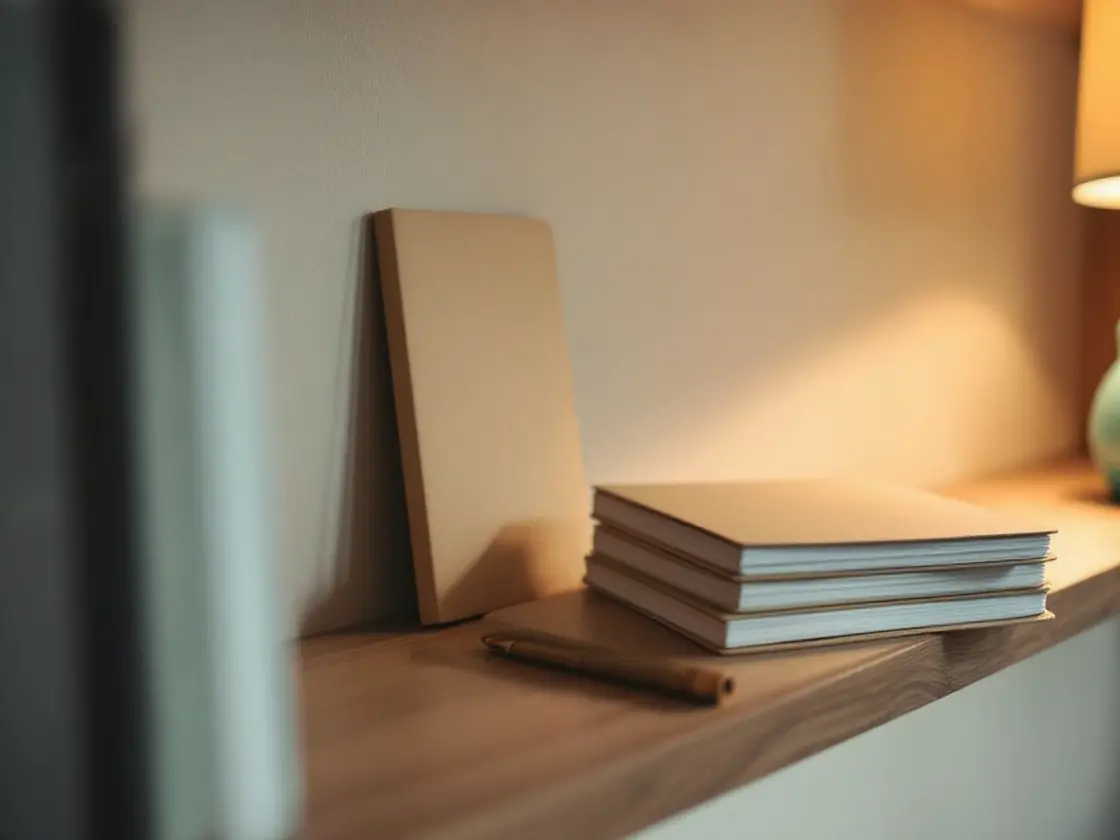 A wooden shelf with a stack of plain notebooks and an empty space beside them