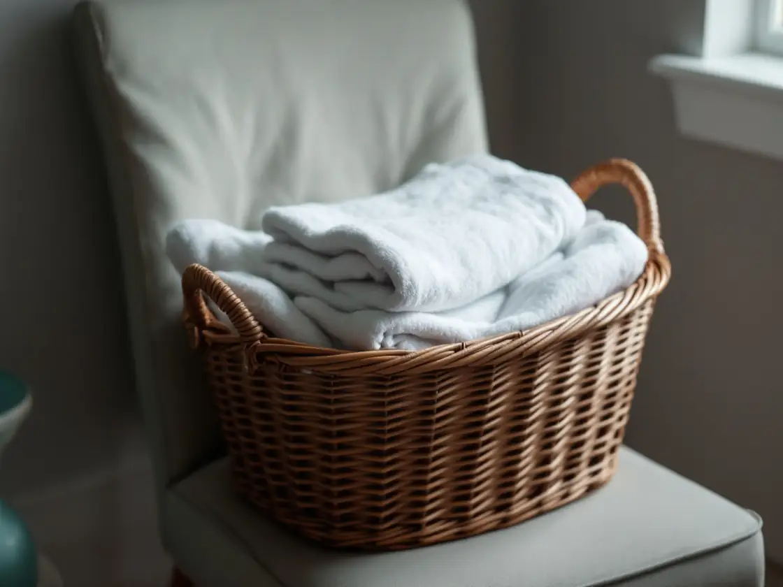 A laundry basket with folded towels on a bedroom chair