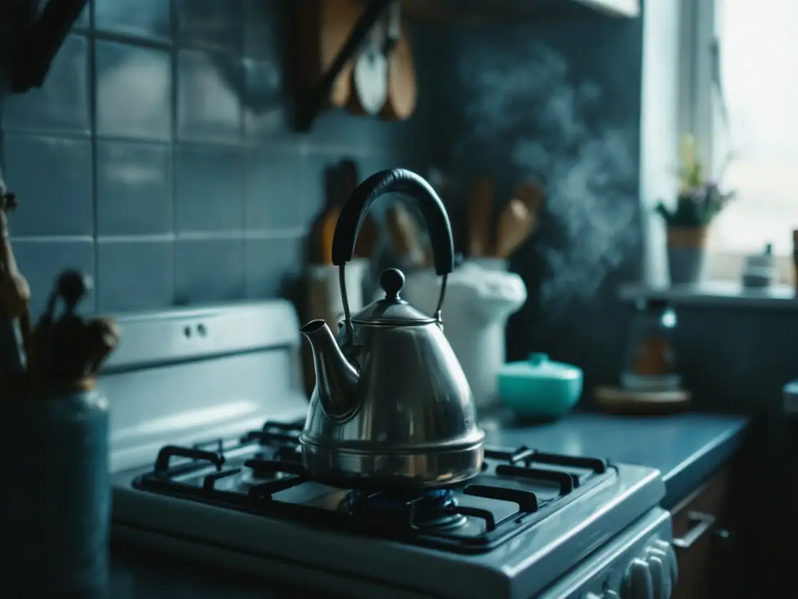 A kettle on a stove in a small kitchen at dawn