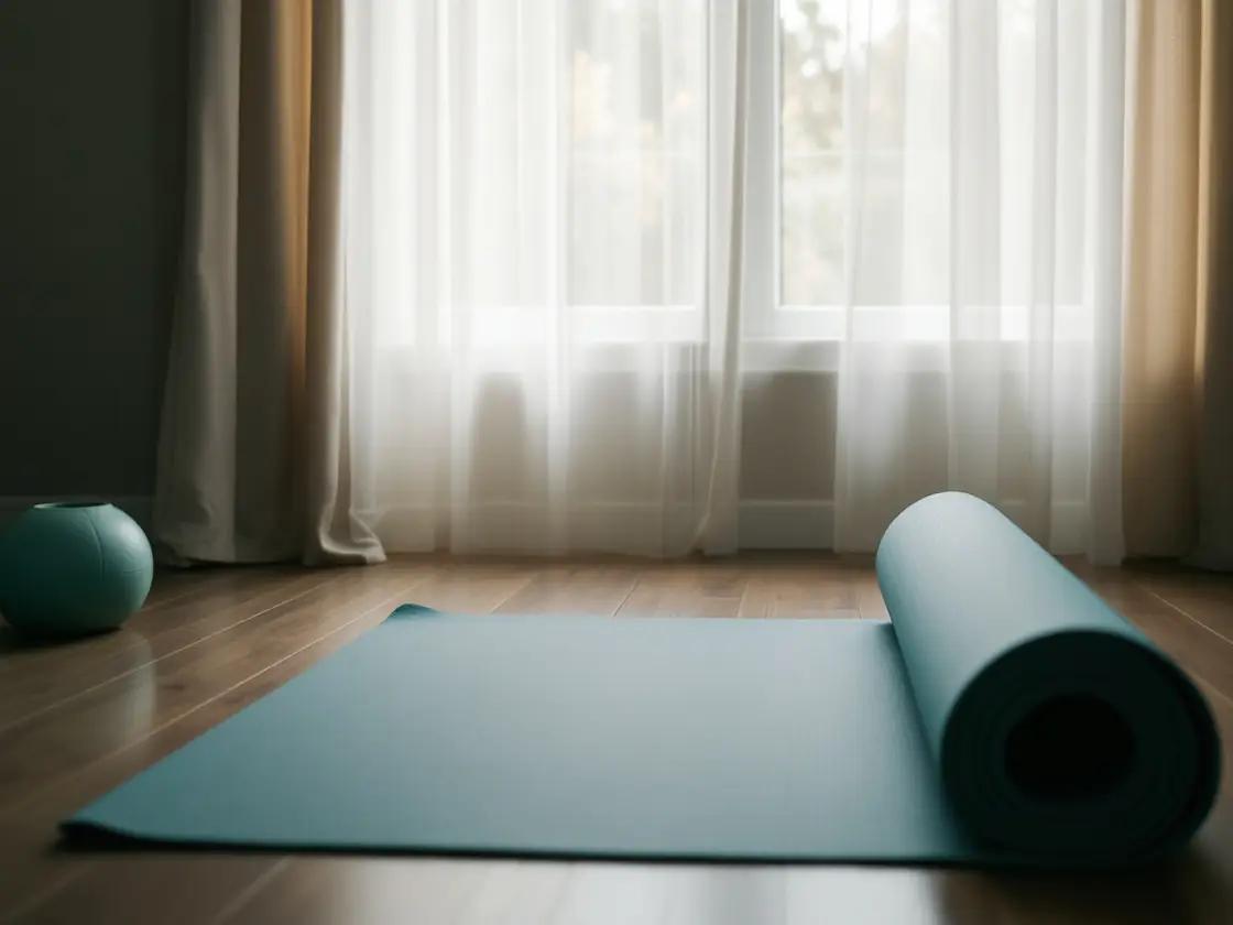A yoga mat rolled up beside a window with sheer curtains
