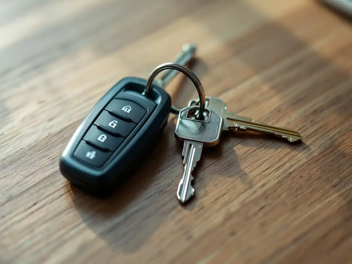 A car key and a house key on a wooden table