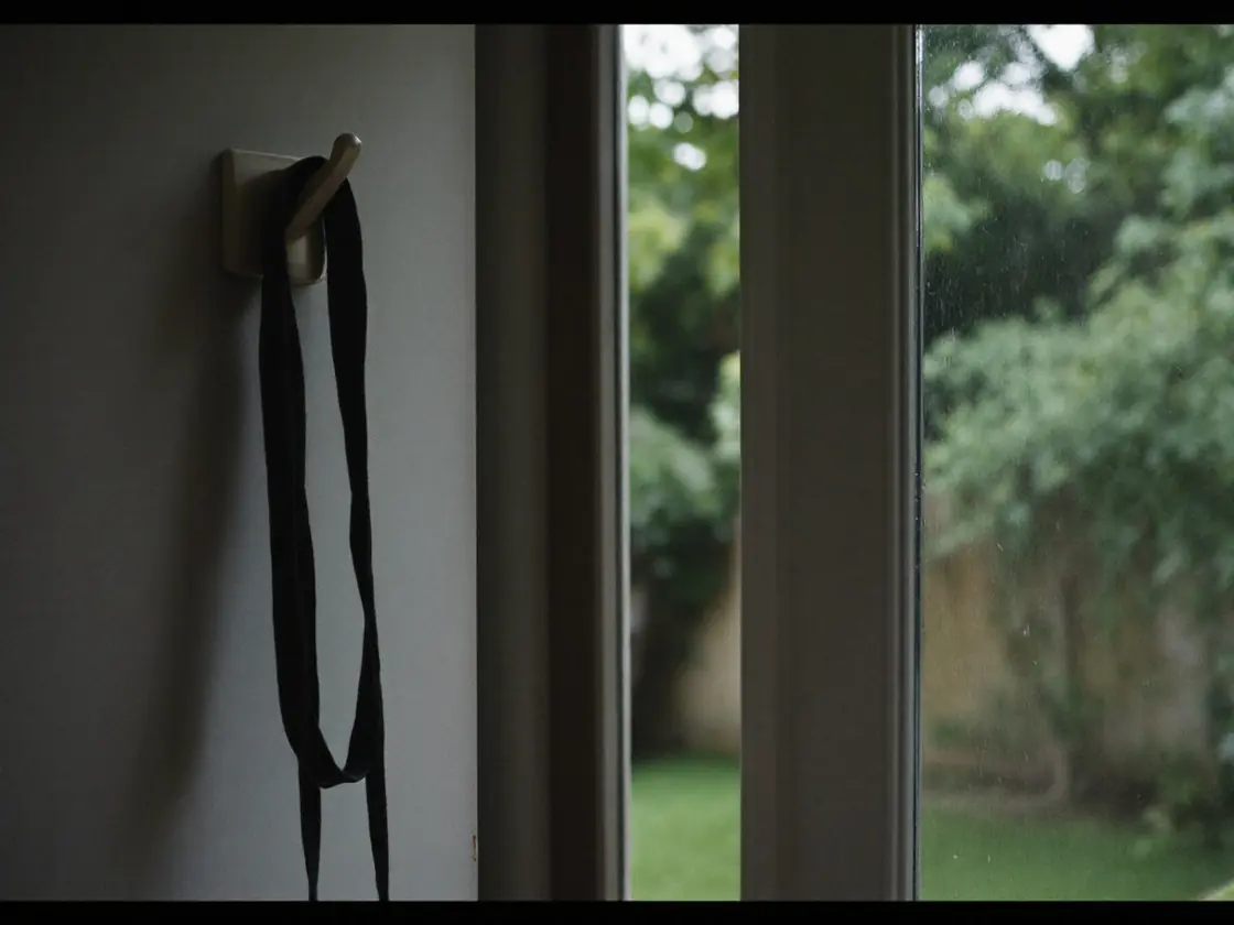 A dog leash hanging on a hook beside a back door