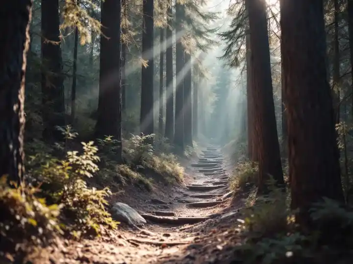 A hiking trail climbing through pine trees in clear morning light