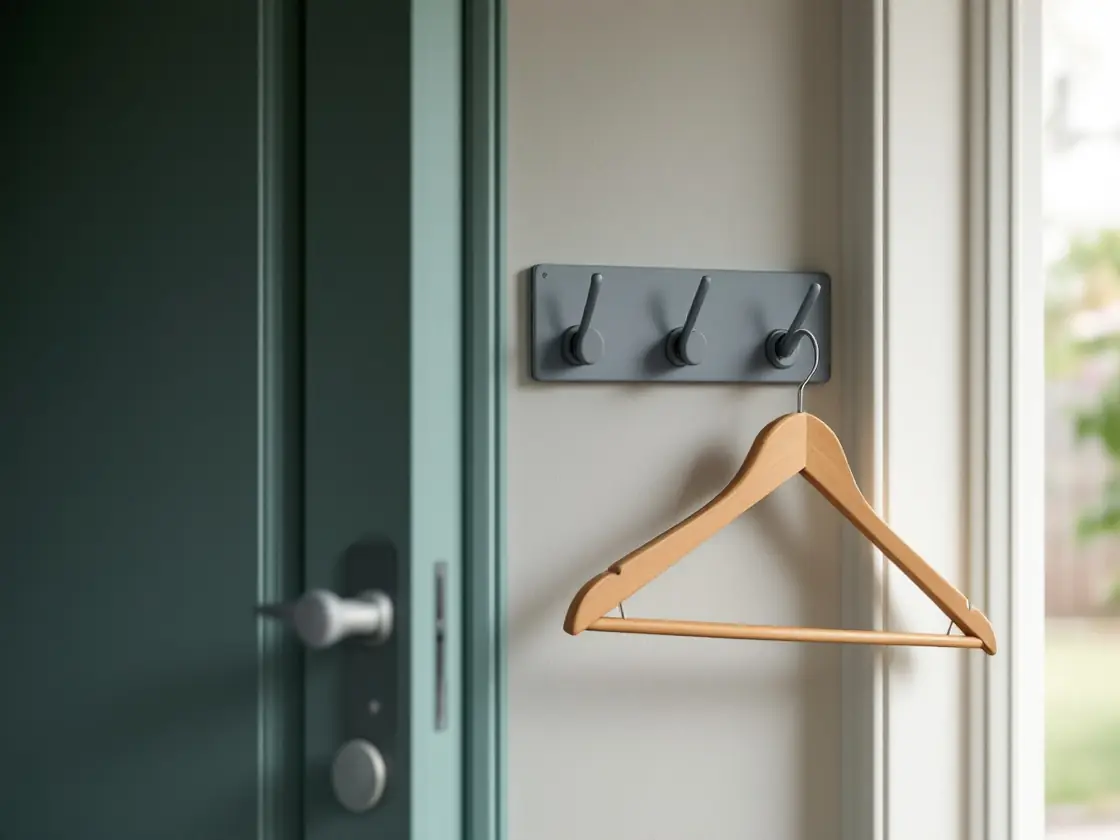 A coat hook by a front door with one empty wooden hanger