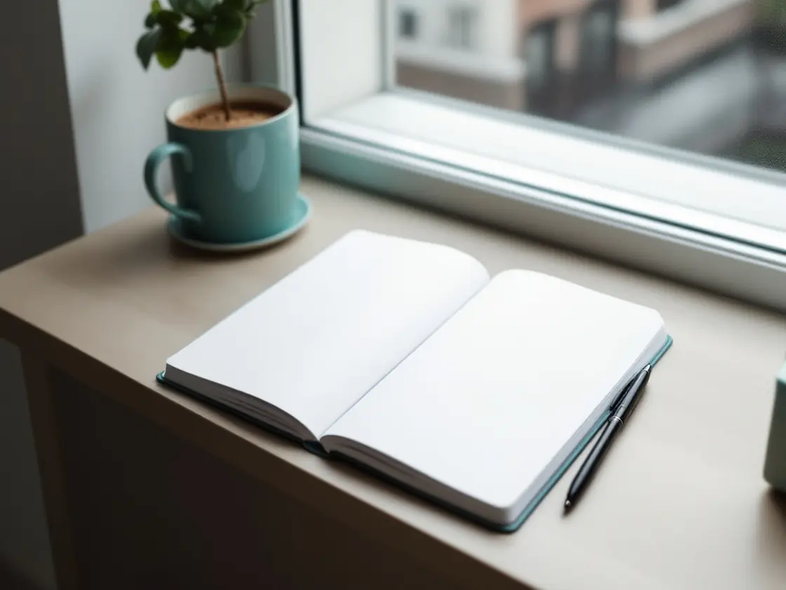 An open notebook and a pen on a desk by a window