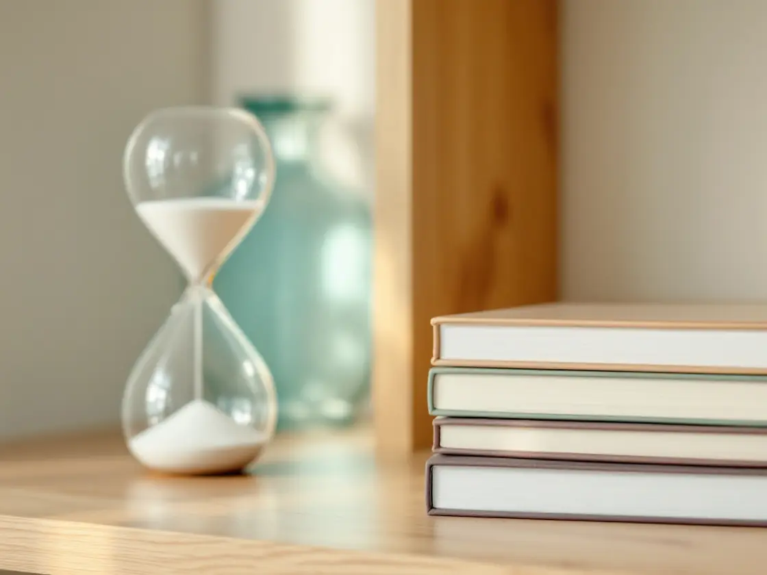 An hourglass and a stack of books on a wooden shelf