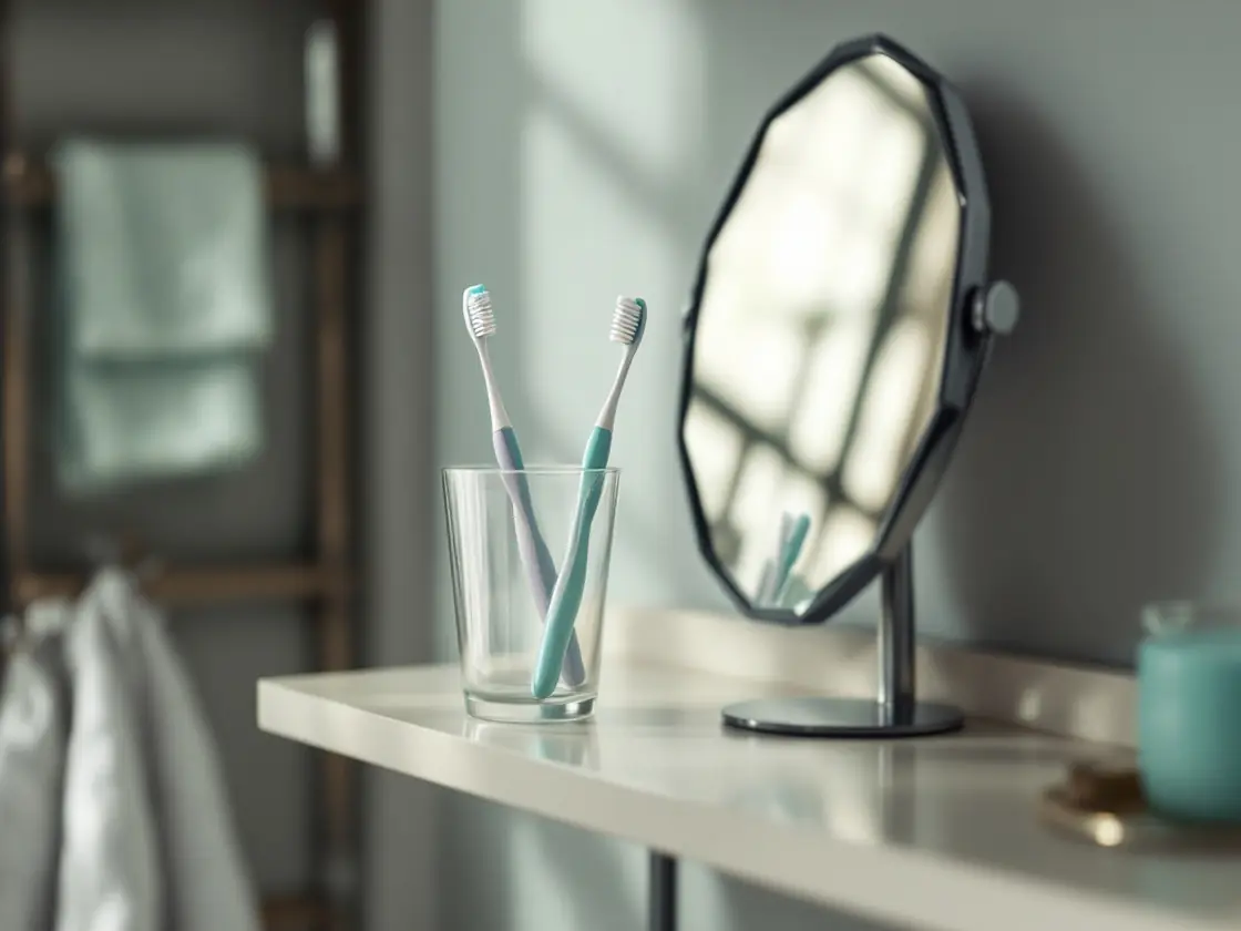 Two toothbrushes in a glass on a bathroom shelf