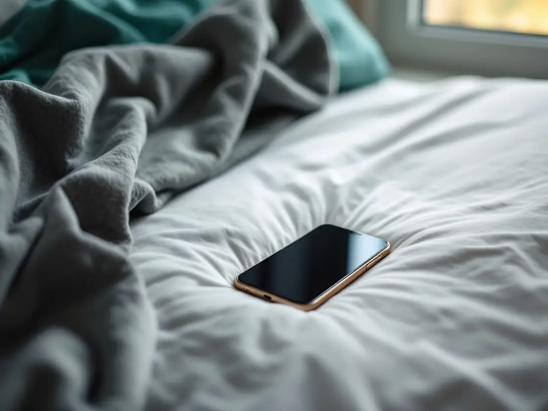 A phone lying face down on a bed beside a folded blanket
