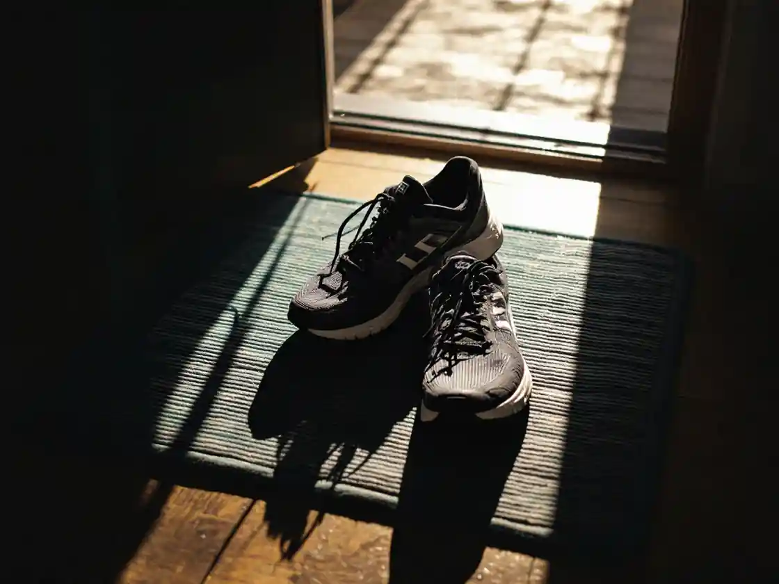 Running shoes by an open front door with morning sun on the floor