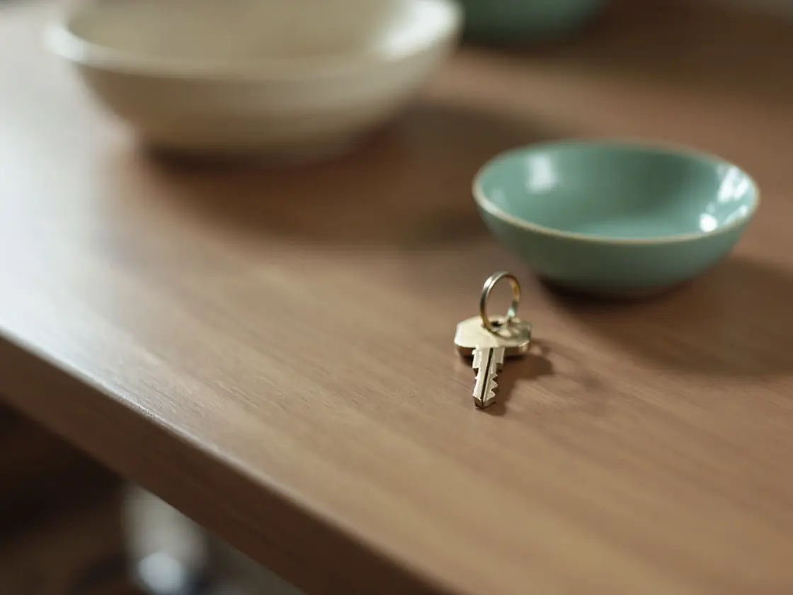 A single house key on a hallway table beside a small dish