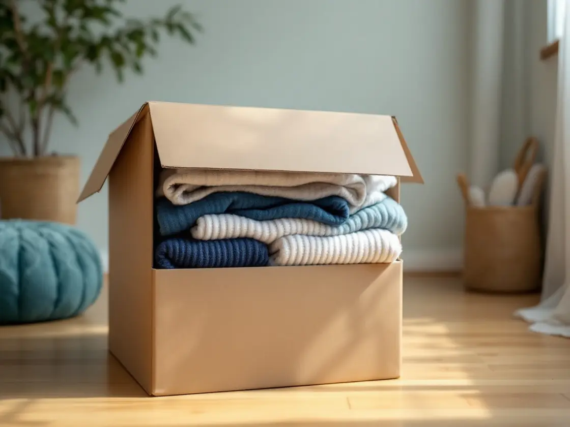 A cardboard box half packed with folded sweaters on a wooden floor
