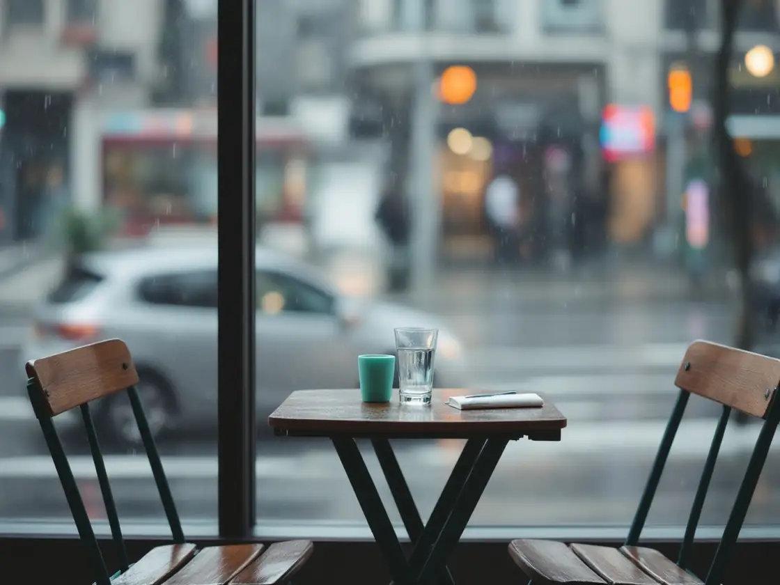 A cafe table for two by a rainy window with empty chairs