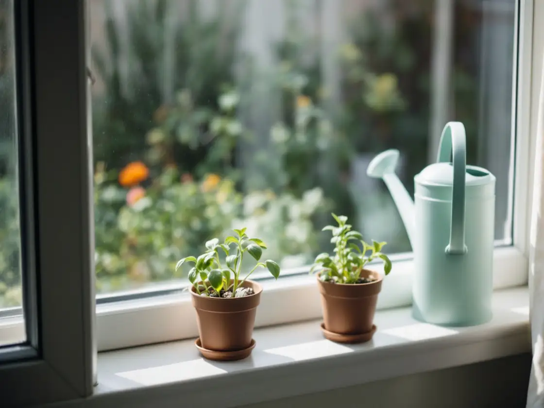 Three potted herbs and a watering can on a sunny windowsill