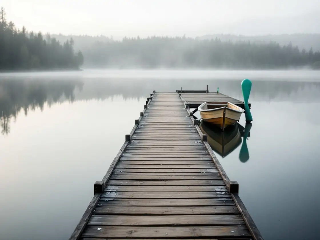 An empty wooden jetty reaching into a still lake at dawn