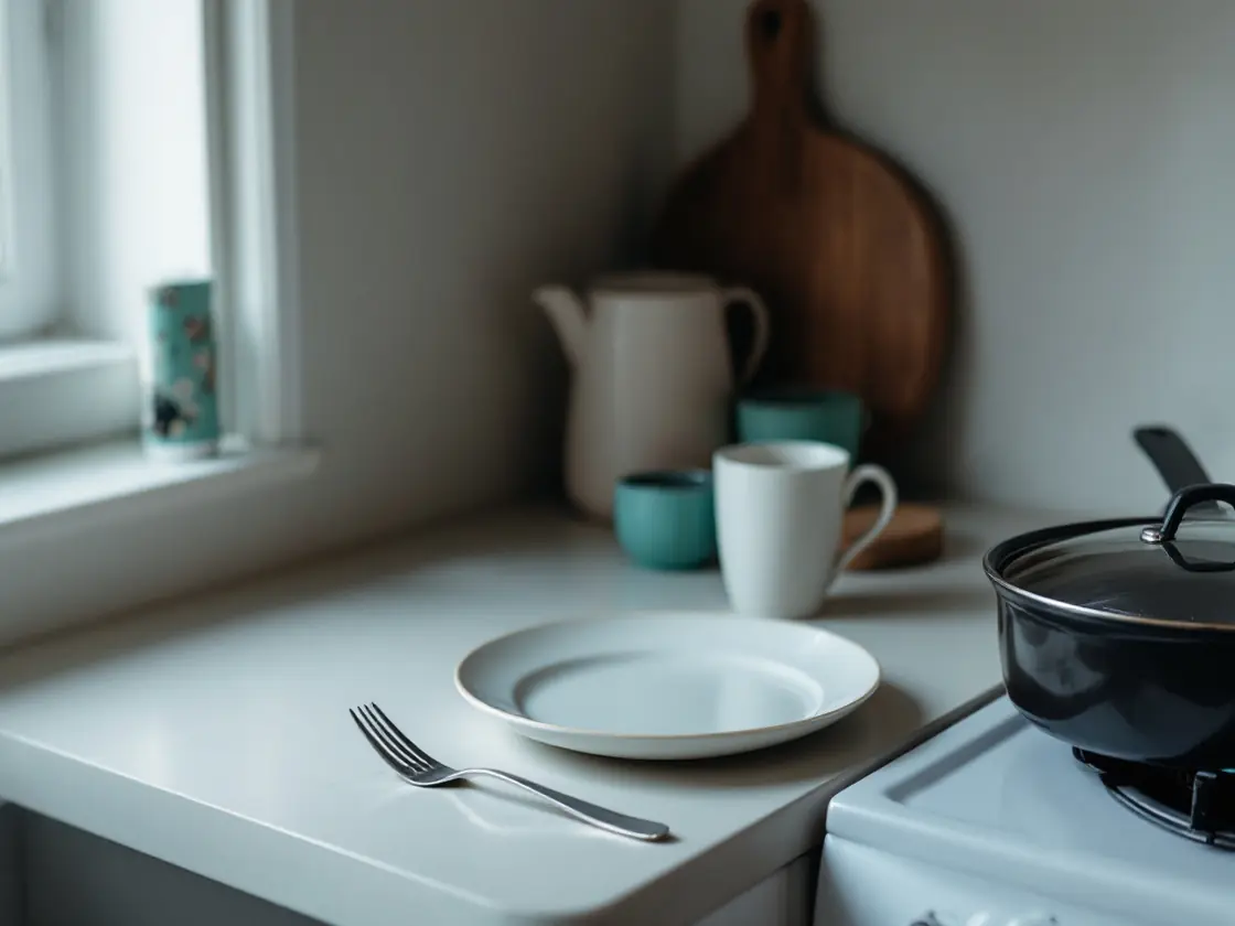 A kitchen counter set with one plate and a pan on the stove