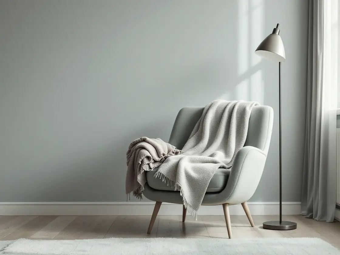 An armchair with a folded throw beside a floor lamp