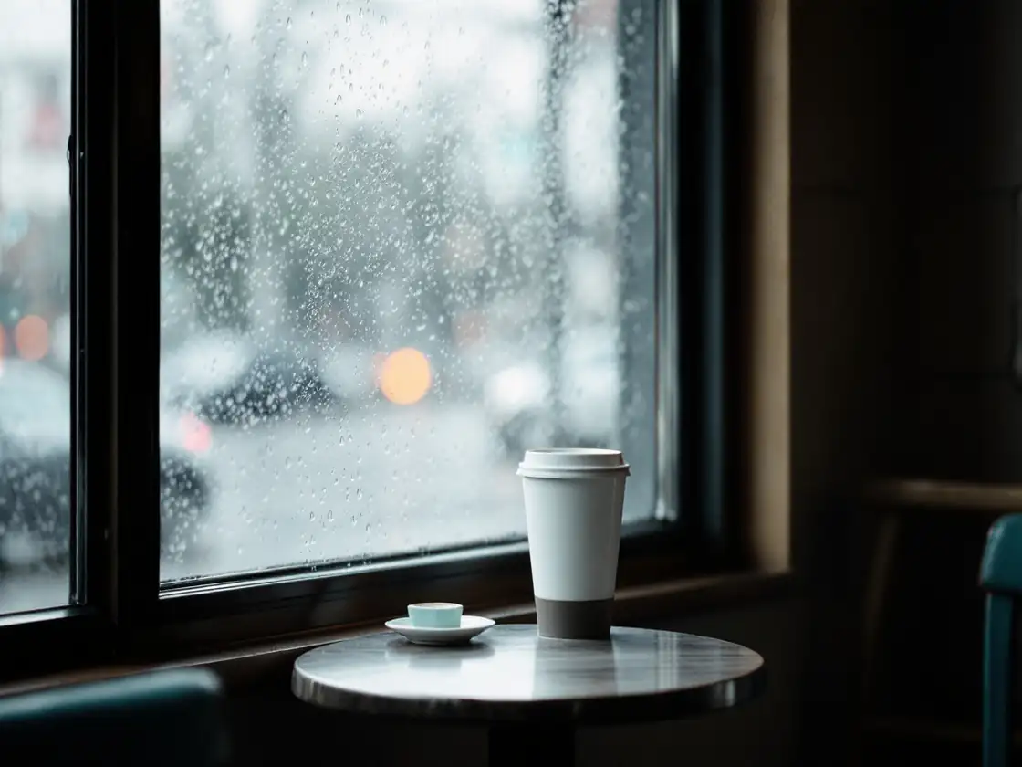 An empty cafe table by a rain-streaked window with one coffee cup